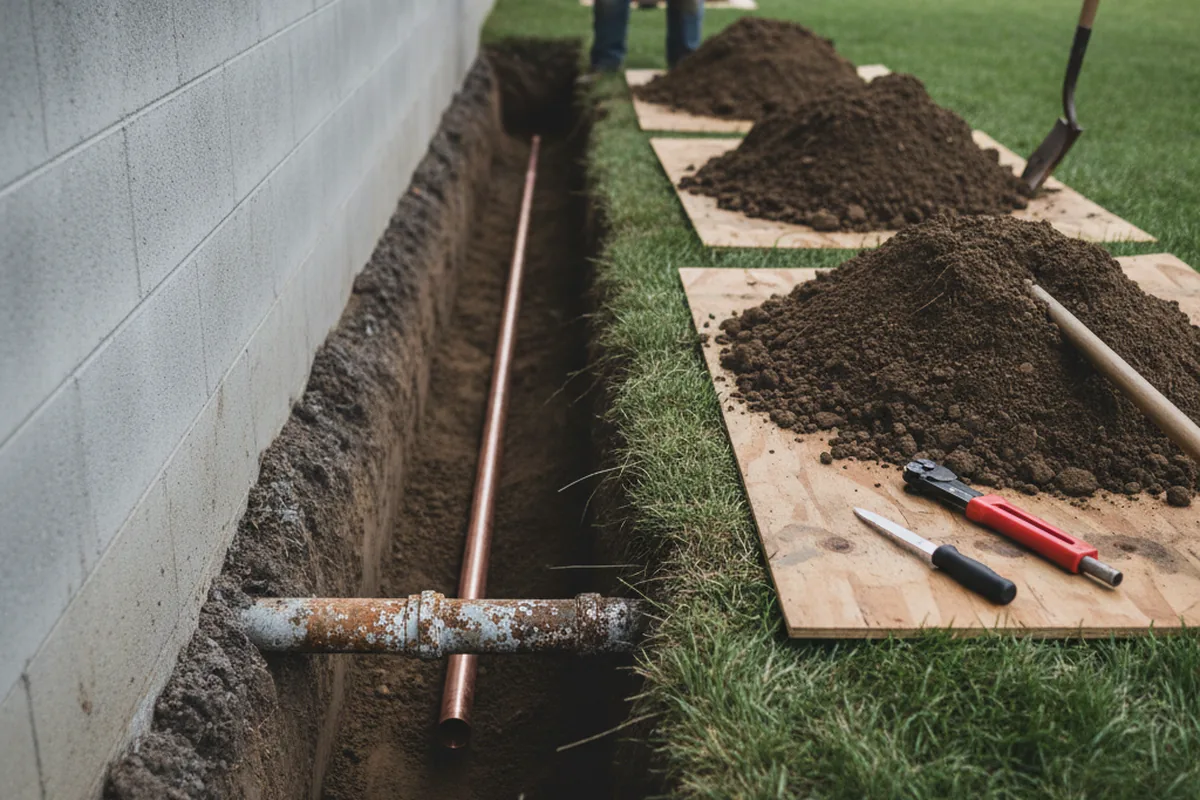 Excavated water line trench during Water Heater Repair in Fountain Inn